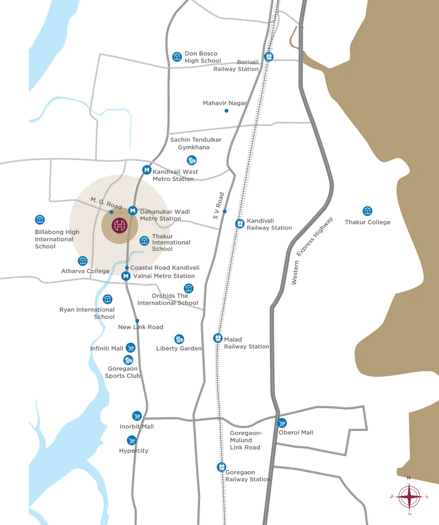 Official location and connectivity map for Hiranandani Castalia on New Link Road, Kandivali West