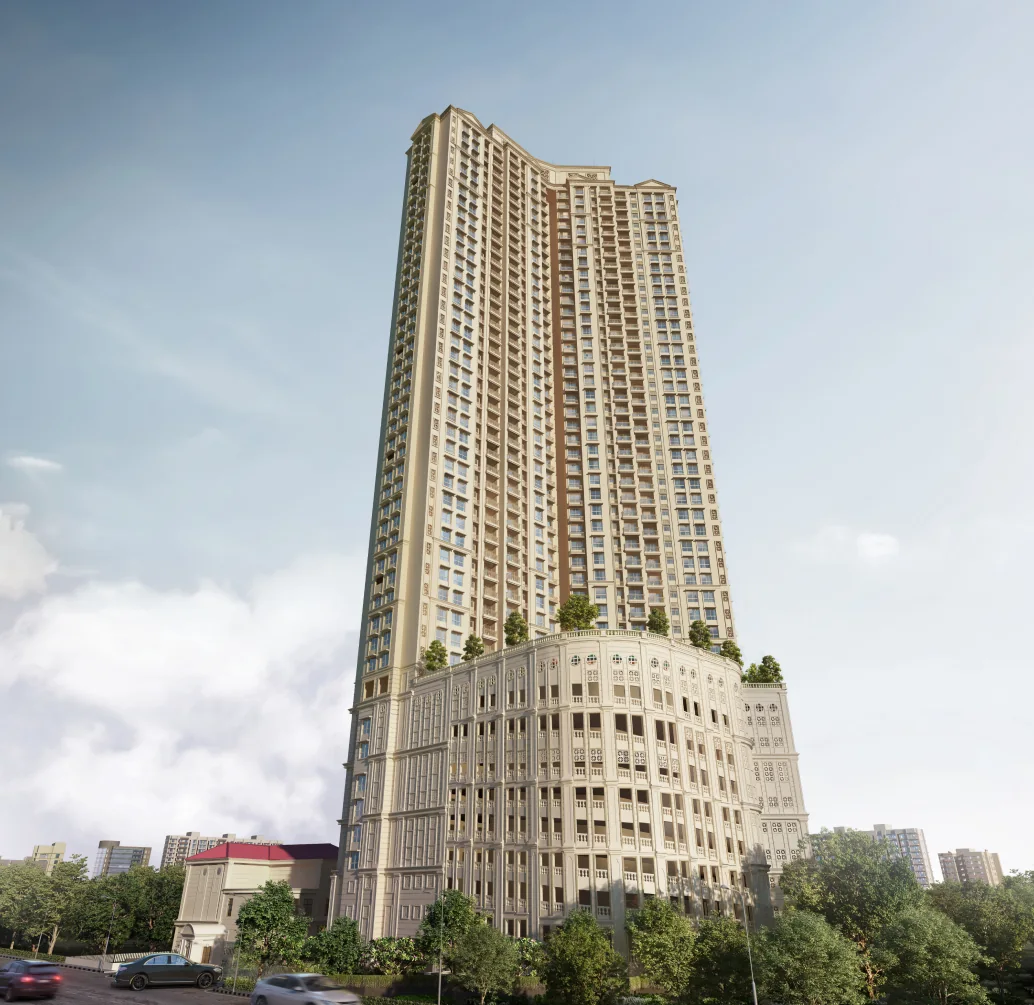 Outdoor landscaping and tower view at Hiranandani Castalia